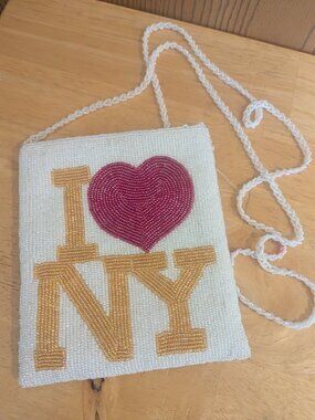 "I Love NY" Beaded Crossbody Zip Bag Purse New York -7" x 6"